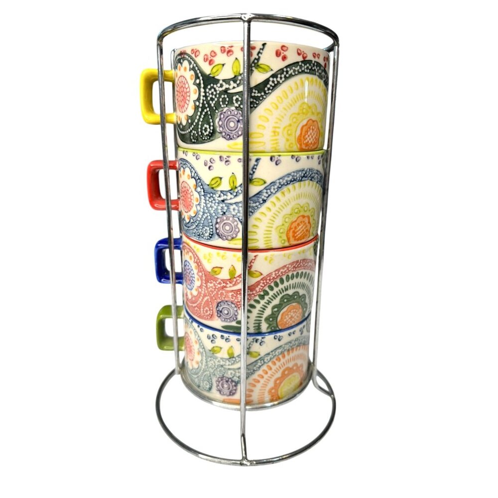 Pier 1 Imports Colorful Ceramic Stackable Coffee Mug Set With Metal Stand
